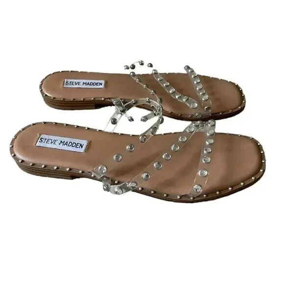 Steve Madden Skyler Clear Pearl Pyramid Studded Slip On Square Toe  Sandal SZ 8 - Picture 5 of 7